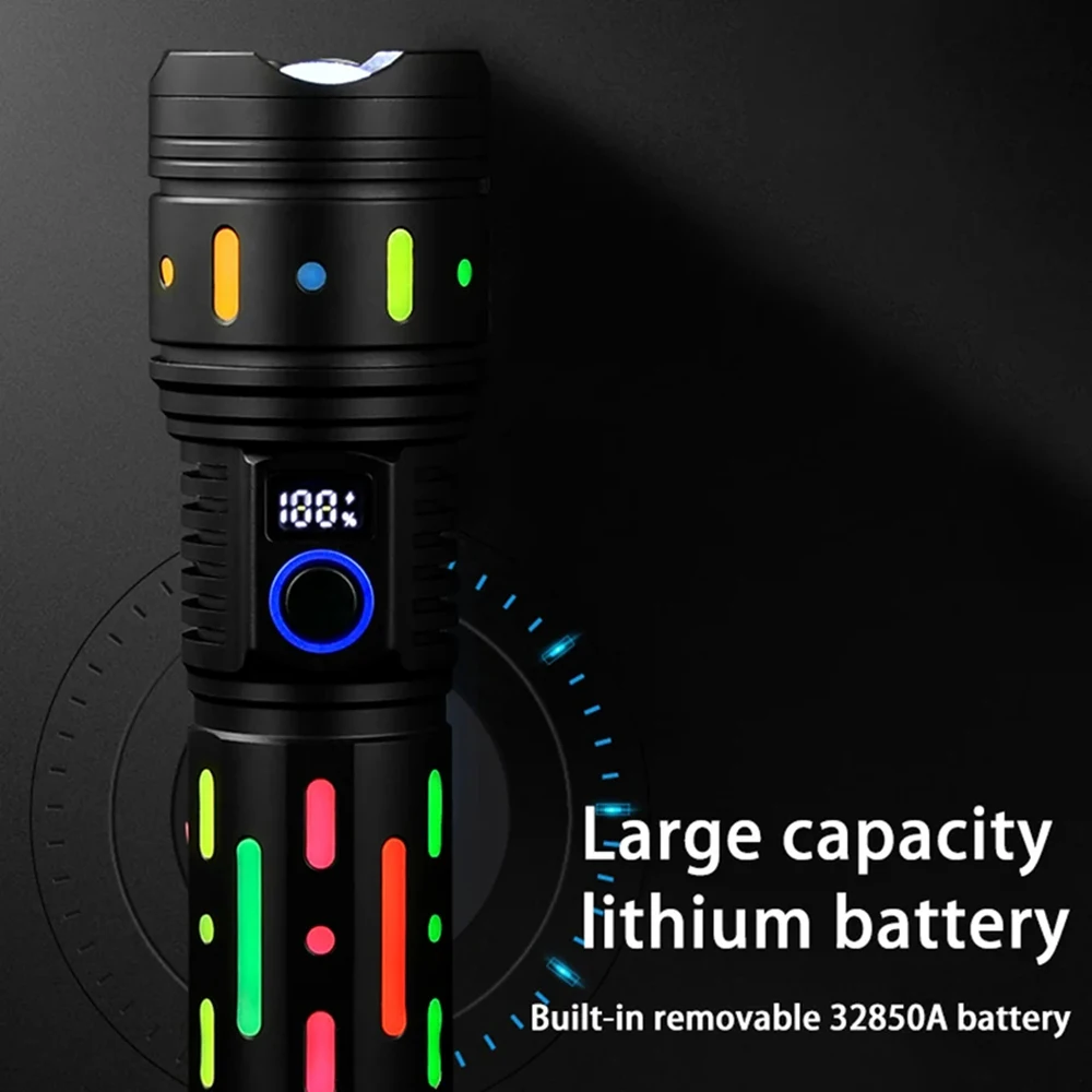 10000mah 2024 Power Spotlight LED Flashlight With Fluorescent Absorbing Film Luminous Colorful Tactical Torch With Power Display