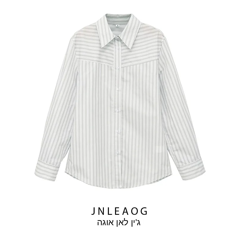 

Fashionable Striped Shoulder Padded Shirt JNLEAOG Women's Clothing Autumn New Style Versatile Long Sleeve Polyester Casual Shirt