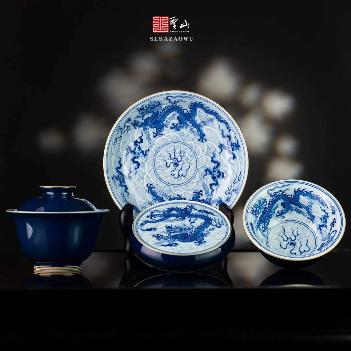 Holy Mountain Jingdezhen Hand-Painted Blue And White Imitation Ming Shuanglong Seawater Cover Ceramic Set Cup Handmade Tea Bowl