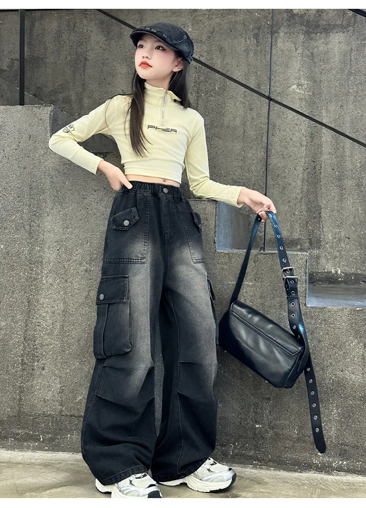 Mädchen Frühling Herbst Weitbein-Jeans 4-14 Jahre Kinder Teenager Elastische Hohe Taille Multi-Taschen Lose Lässige Streetwear-Hosen – Detail 27