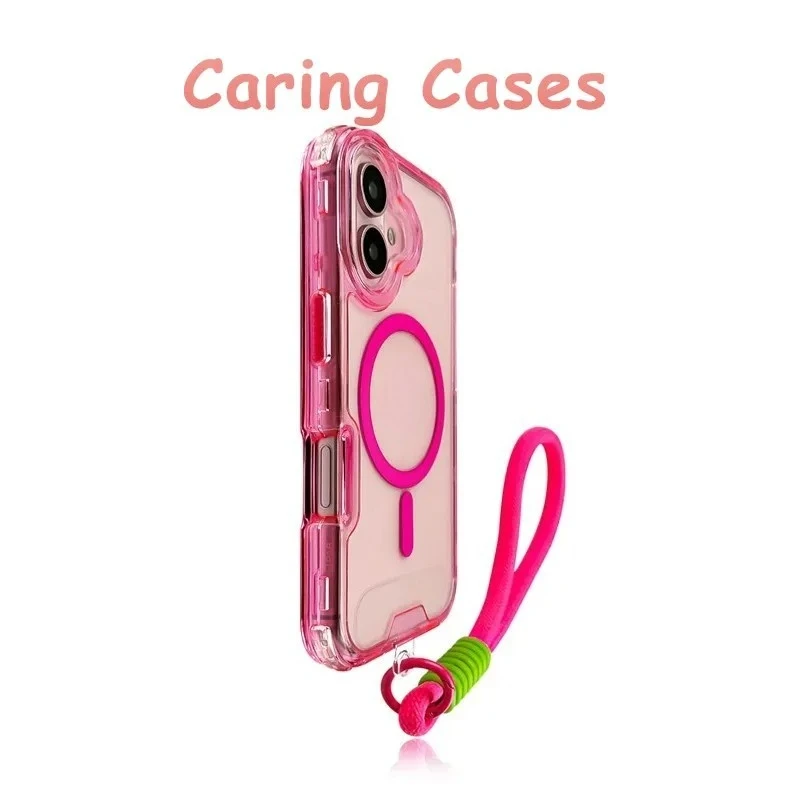حافظة لهاتف آيفون 17 برو ماكس فوشيا شفافة MagSafe 2 في 1 حبل مقاوم للصدمات متوافق مع آيفون 16 15 14 13 12 11