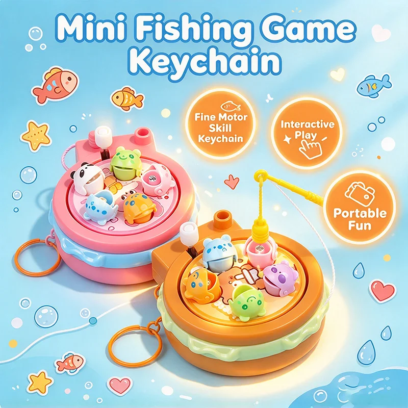 Hamburger Style Mini Fishing Game Keychain Rotating Magnetic Fish Catching Fidget Toy Backpack Charm Educational Toy Party Gifts