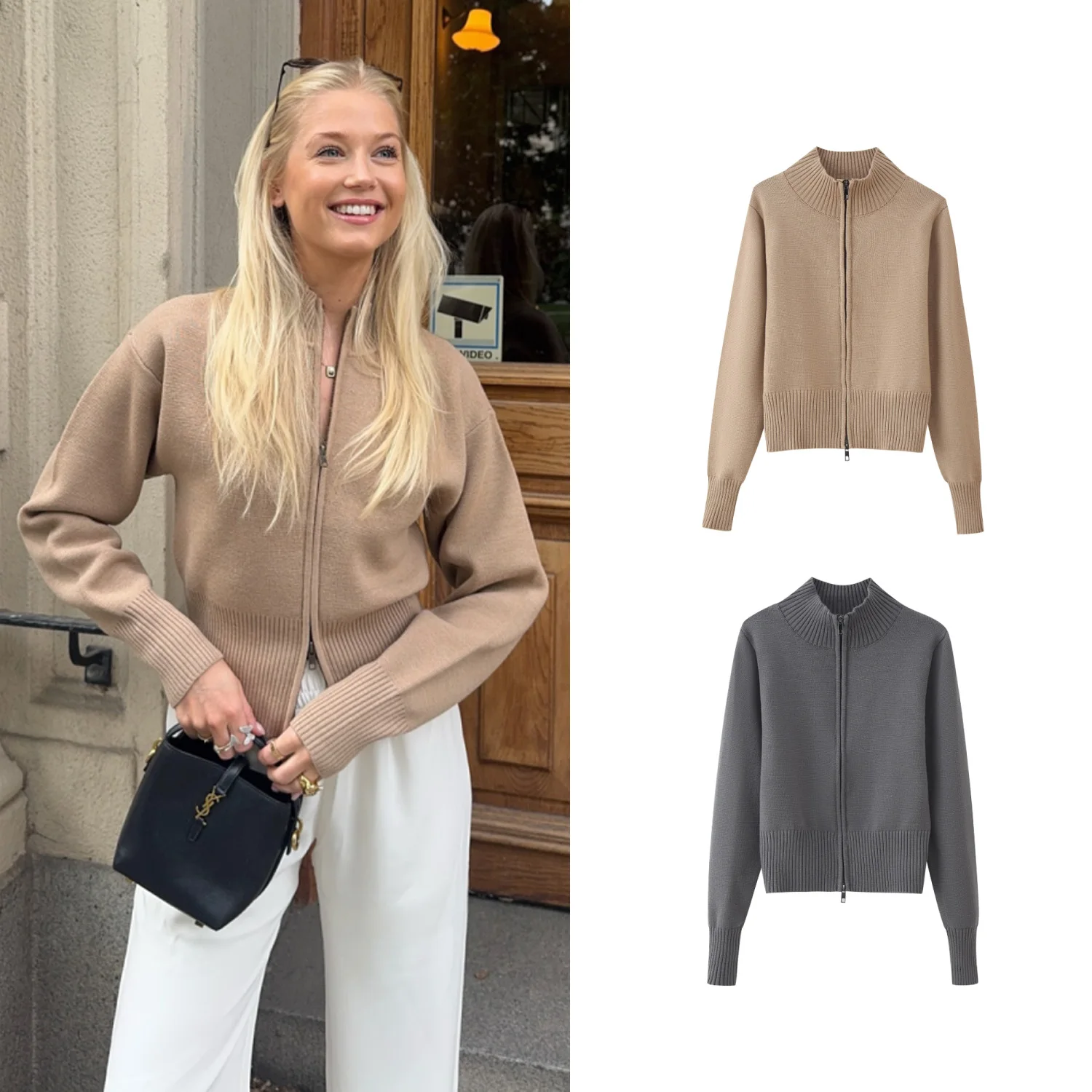 

Autumn Winter Women Zipper Knit Cardigans Female Fashion Stand Collar Double Zipper Long Sleeve Solid Sweater Cardigan