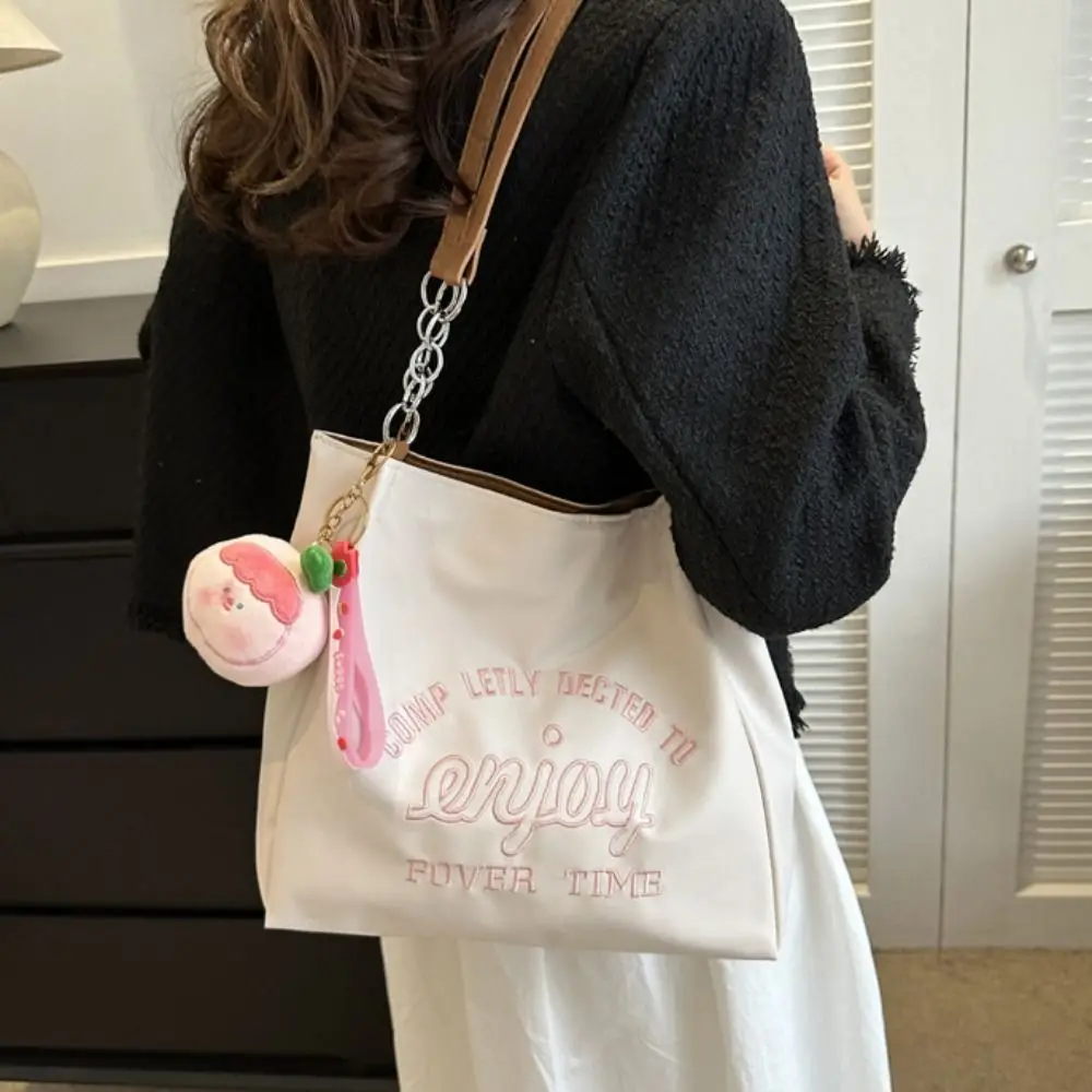 with Pendant Letter Shoulder Bag Korean Style Large Capacity Vacation Tote Bag Solid Color Office Worker Tote Shoulder Bag