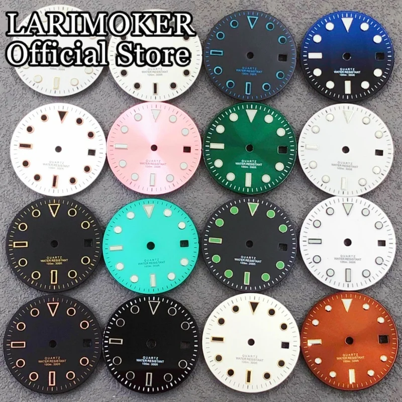 

LARIMOKER новый 29 мм черный/белый/синий/зеленый/розовый/коричневый циферблат для часов с зеленым светом подходит для деталей кварцевого механизма RONDA 515