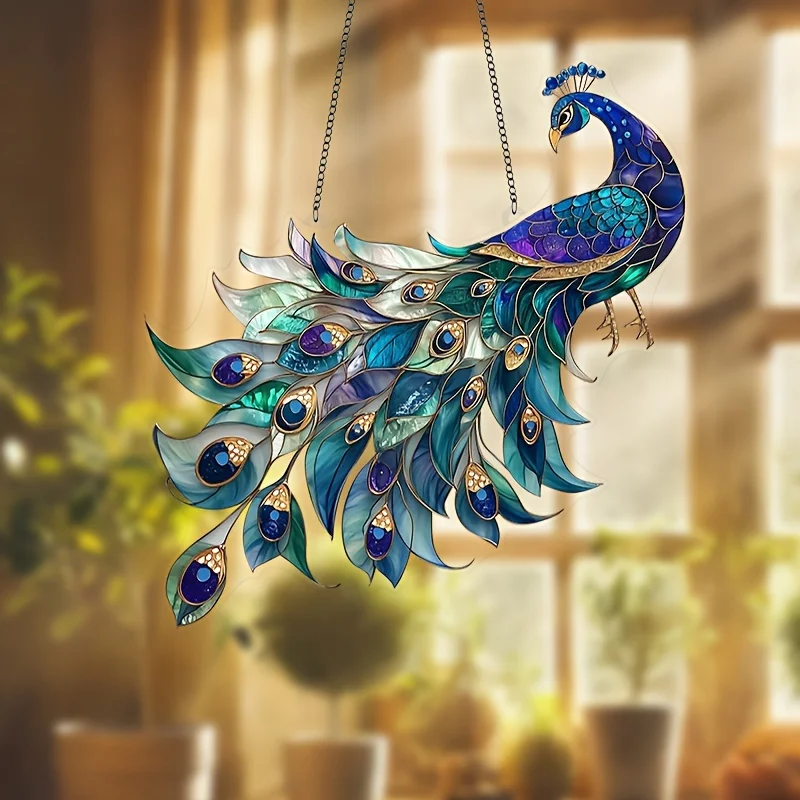 2D Retro Acrylic Peacock Sun Catcher 8-inch Light Catcher Home Garden Hanging Decor Artwork Gift for Peacock Lovers