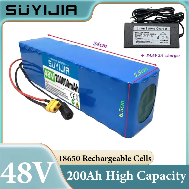 New 48V 200Ah 13S3P 18650 Rechargeable Lithium Ion Battery for Electric Bike Scooters Multiple Plugs with BMS+ 54.6v Charger