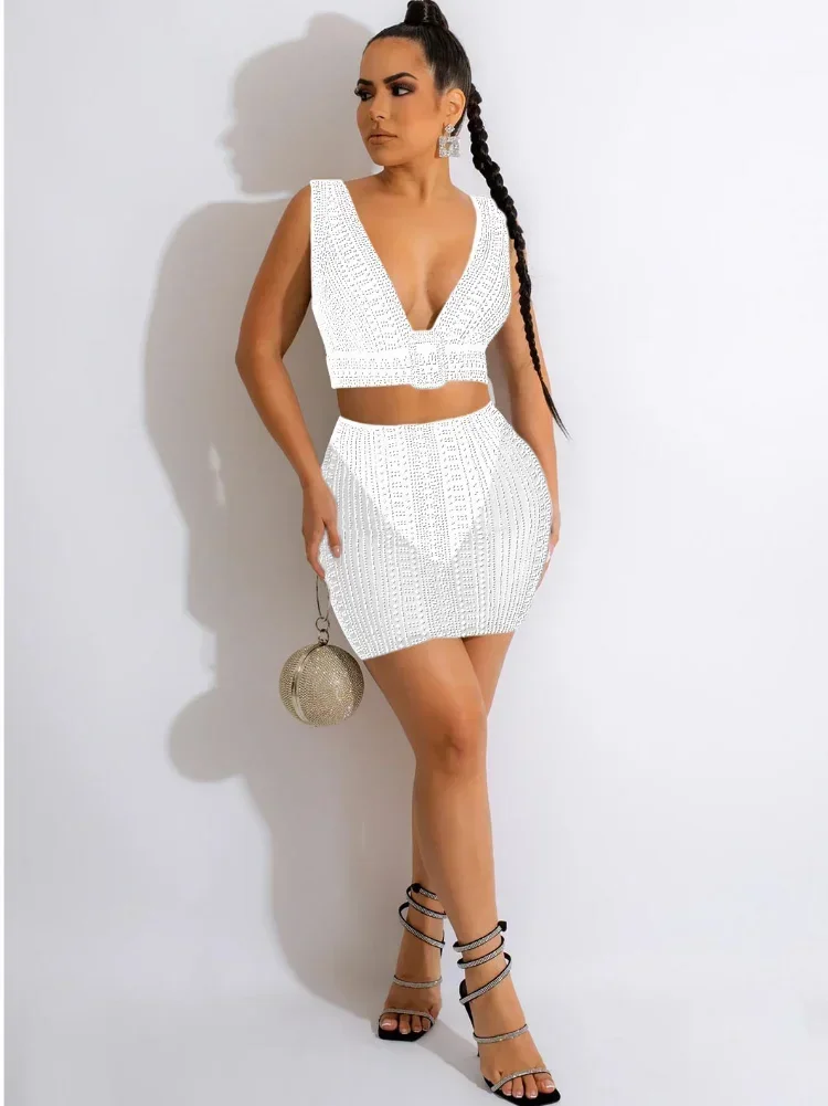 GUWU คริสตัลเพชร 2 ชิ้นชุดผู้หญิง V คอแขนกุดเสื้อกั๊ก Crop Top Sheer ตาข่ายกระโปรงมินิเซ็กซี่ปาร์ตี้ Clubwear