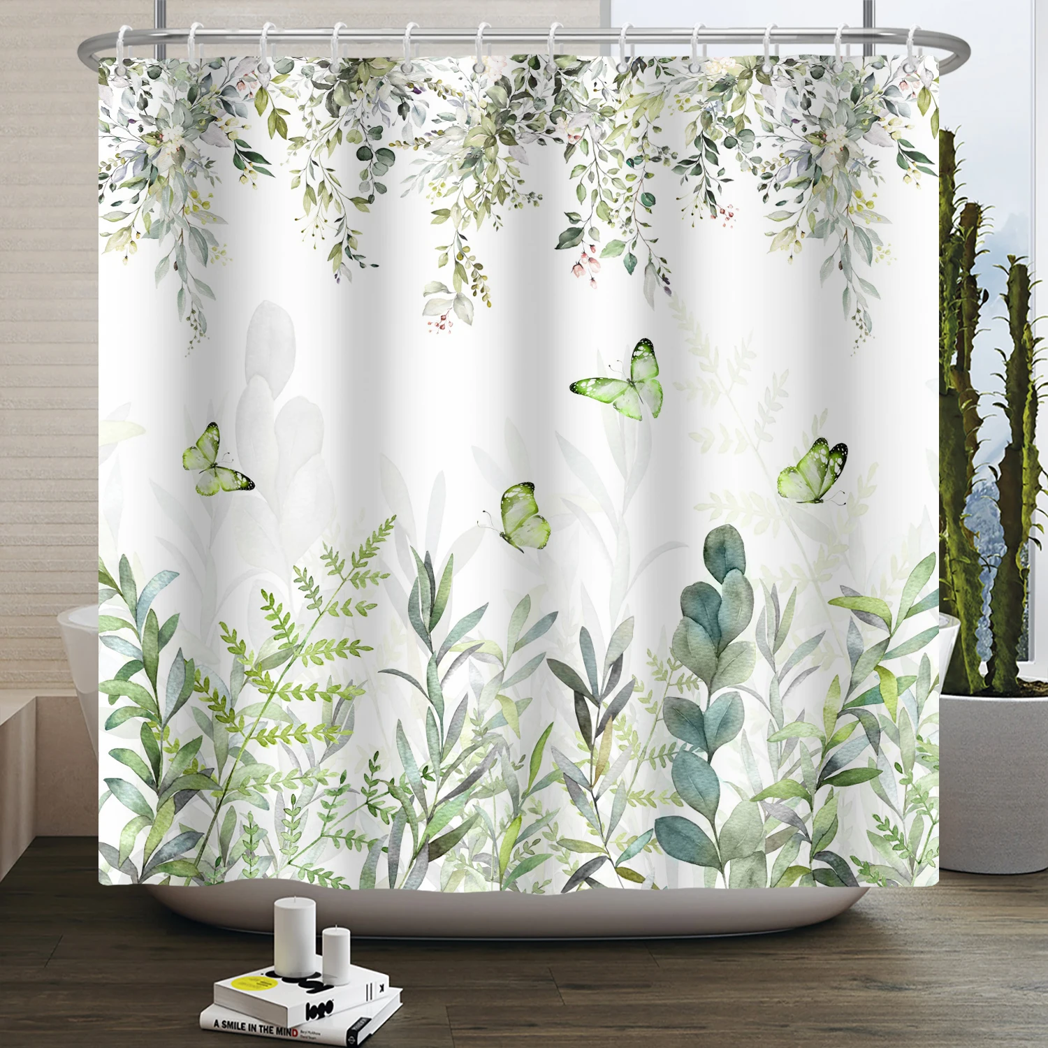 Watercolor Hanging Green Eucalyptus Leaf Willow Floral Shower Curtain Minimalist Vine Plant Print Waterproof Fabric Bathroom Cur