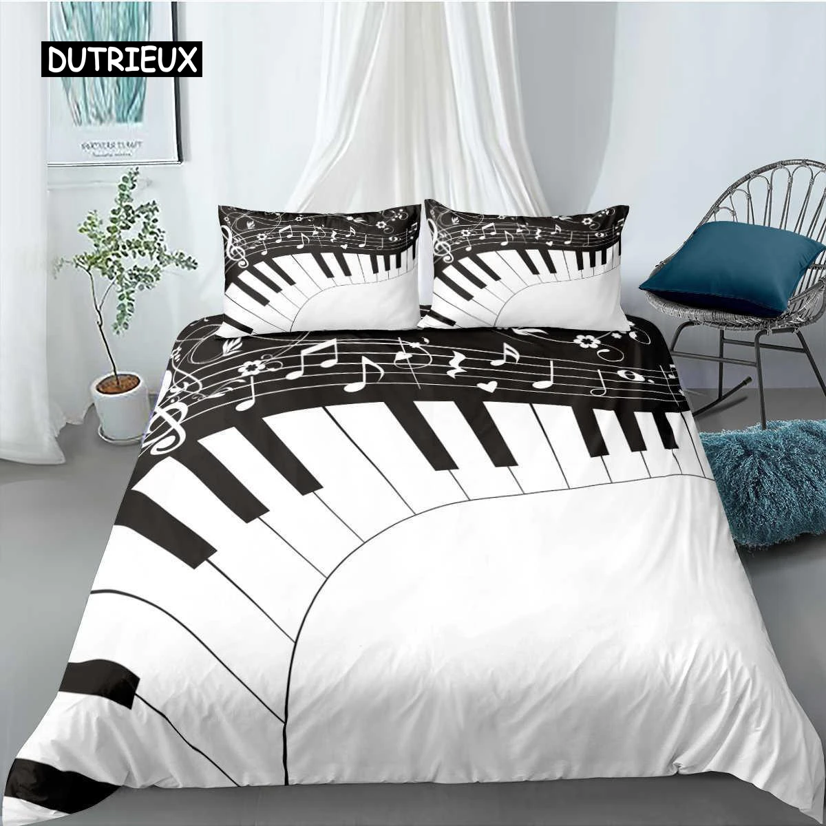 Piano Duvet Cover Set Black Piano Keyboard Music Note Kids Bedding Set Music Theme King Size 2/3pcs Soft Twin Comforter Cover