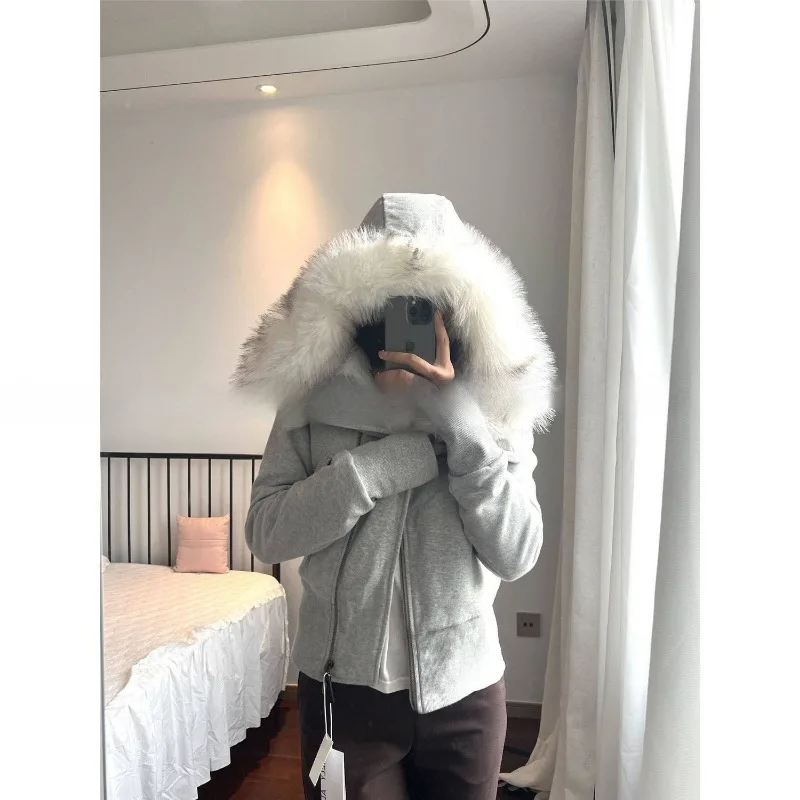 Y2K Fashion New Gray Fur Collar Hooded Sweater Coat Female Harajuku Vintage Leisure Plus Velvet Padded Short Zipper Cardigan Top