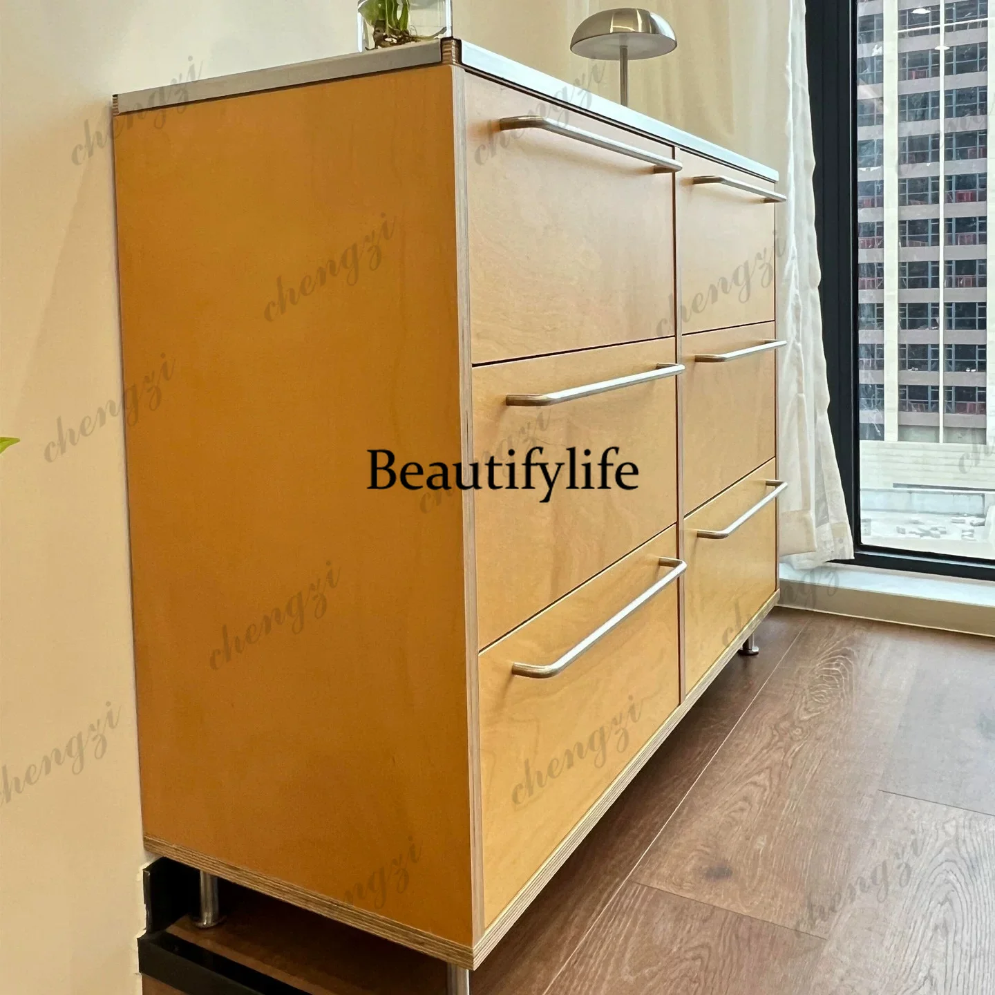 Modern simple living room coffee cabinet log color multi-drawer storage, kitchen dining side, storage cabinet