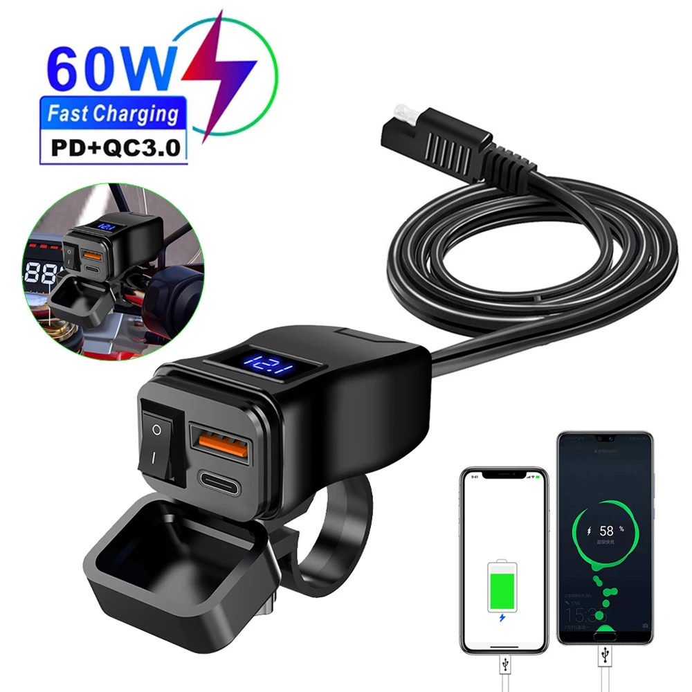 PD + QC3.0 motocyklowa szybka ładowarka USB 60W kierownica podwójne gniazdo USB z przełącznikiem woltomierz wodoodporny zasilacz 12V