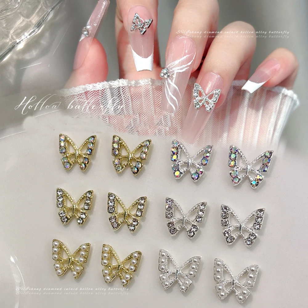 

10pcs Alloy Butterfly Rhinestones Nail Art charms 3D Stereoscopic Pearl Butterfly Nail Art Luxury DIY Manicure Design Accessorie