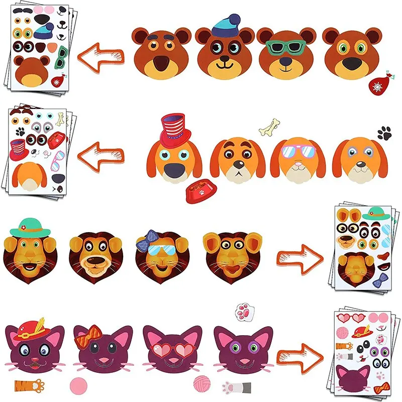 12Sheets Children DIY Puzzle Sticker Games 12 Animals Face Funny Assemble Jigsaw Stickers Kids Educational Toys Boys Girls Gifts