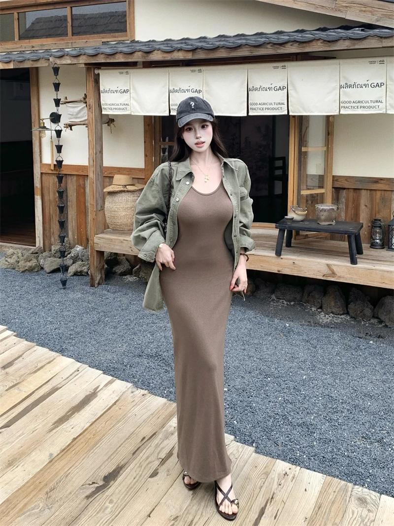 

Kumikumi Vintage Long Sleeve Turn-down Collar Loose Outerwear Women's Spring Inner Vest Dress Two-piece Set High Waist Straig...