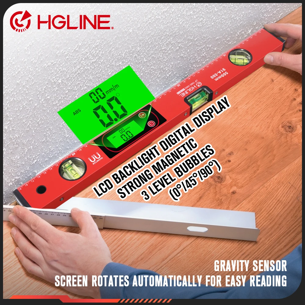 HGLINE 50CM Digital Spirit Level Finder Protractor Inclinometer Horizontal Ruler With 0/45/90° Three Angles Horizontal Bubbles