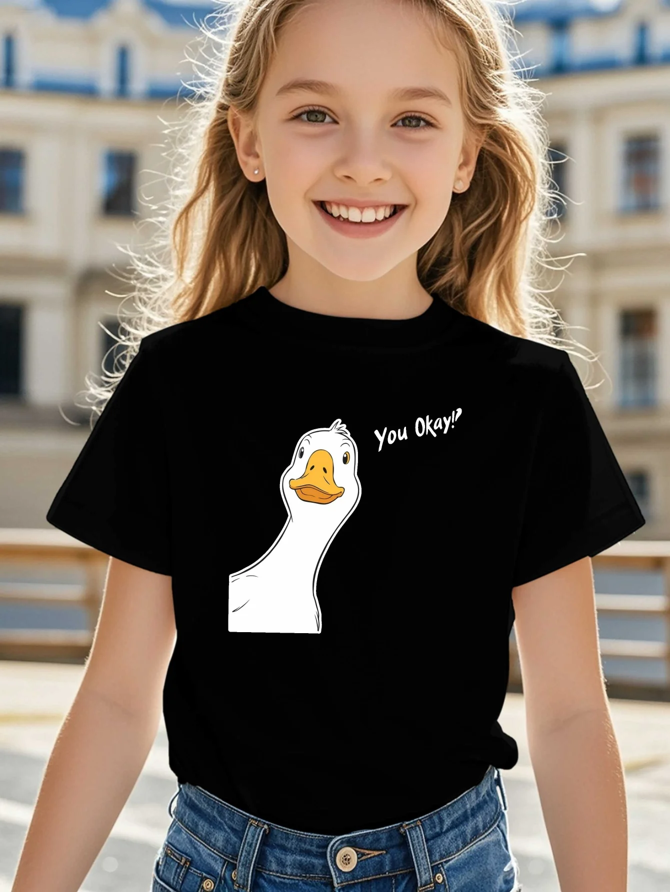 Funny White Duck With You Okay Text Graphic T Shirt Family Matching Boys Girls Kids Short Sleeve Cute Animal Children Daily Tops