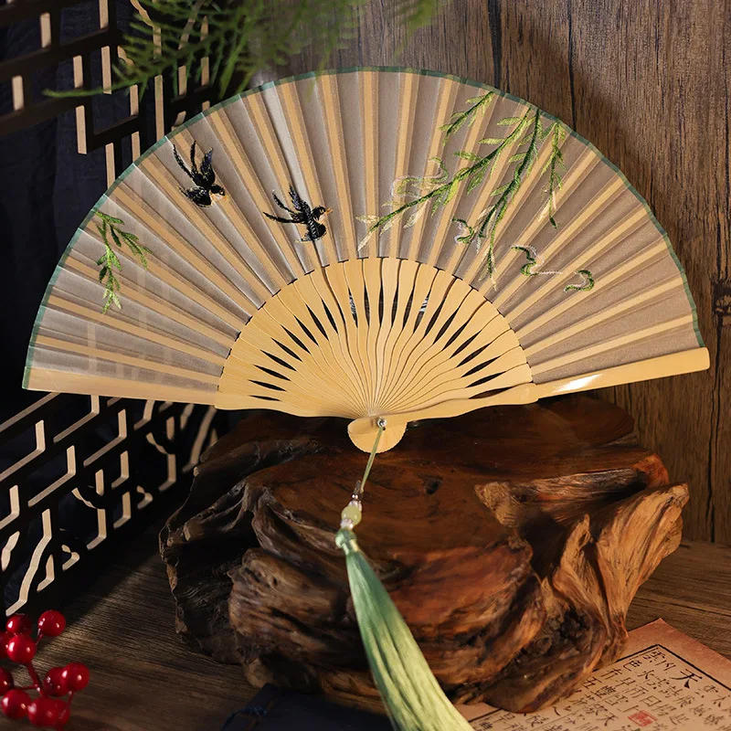 Chinese Style Embroidery Fan Hanfu Cheongsam Show Folding Fan Dance Performance Fan Kungfu Qipao