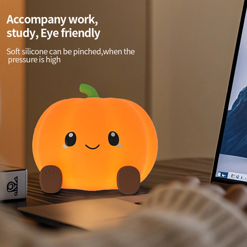 Pumpkin Night Light, Bedroom Bedside Companion Sleep Eye Protection Light Toy Small Lamp, Three-Level Dimmable Silicone Lamp