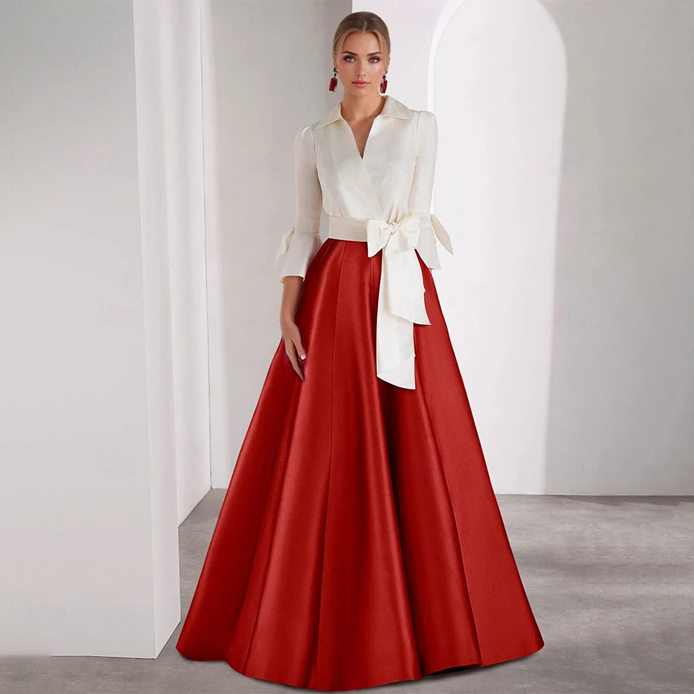 

Элегантные свадебные платья для гостей для женщин 2025 с V-образным вырезом и трапециевидным вырезом, атласные вечерние платья с длинными рукавами 3/4, бантом, современное вечернее платье