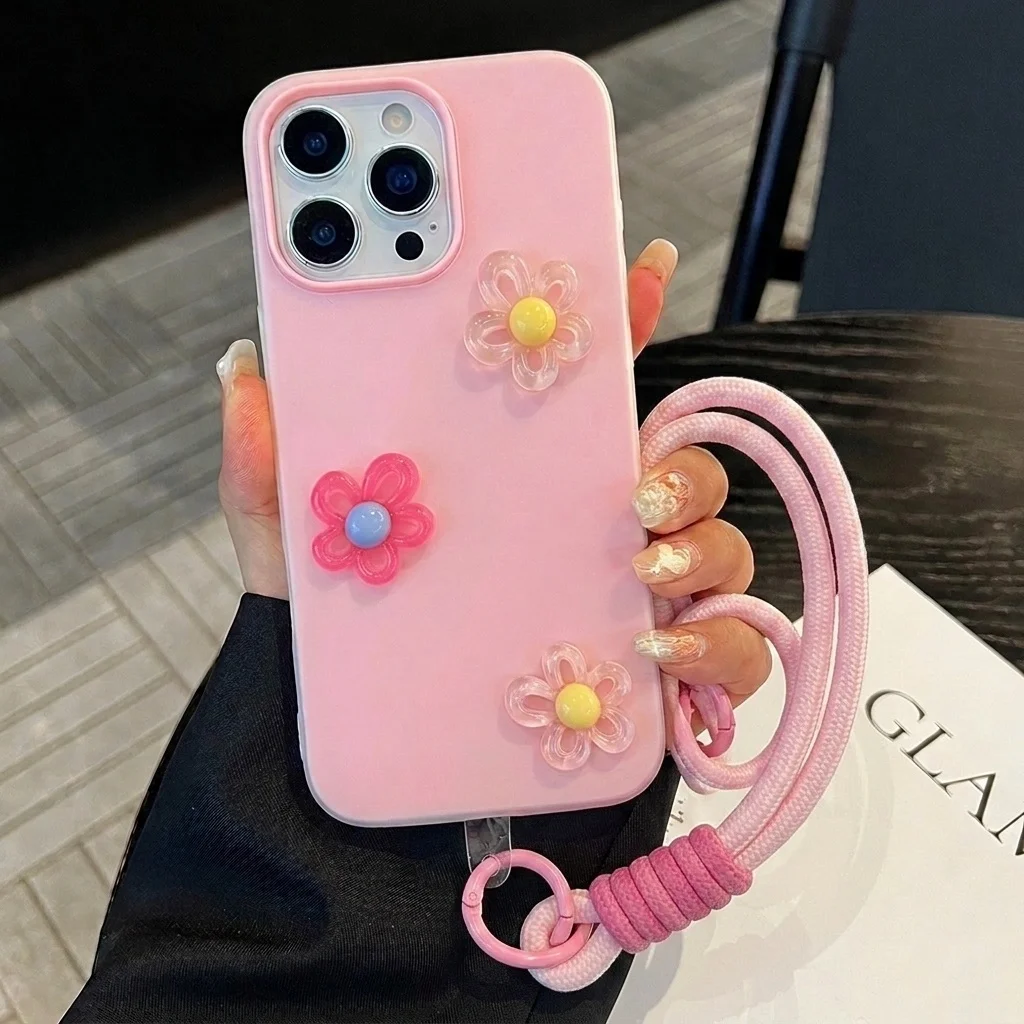 Korean Style With 3D Diy Flower Lanyard Phone Case For Samsung Galaxy S26 S25 S24 Ultra A56 A55 A37 5G S26 S25 S24 Plus FE Cover