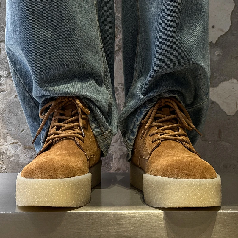 Thick Soled Height Increasing Work Boots for Men Solid Color Anti Suede Lace Up Short Boots for Youth Daily Outdoor Hiking Shoes view 2