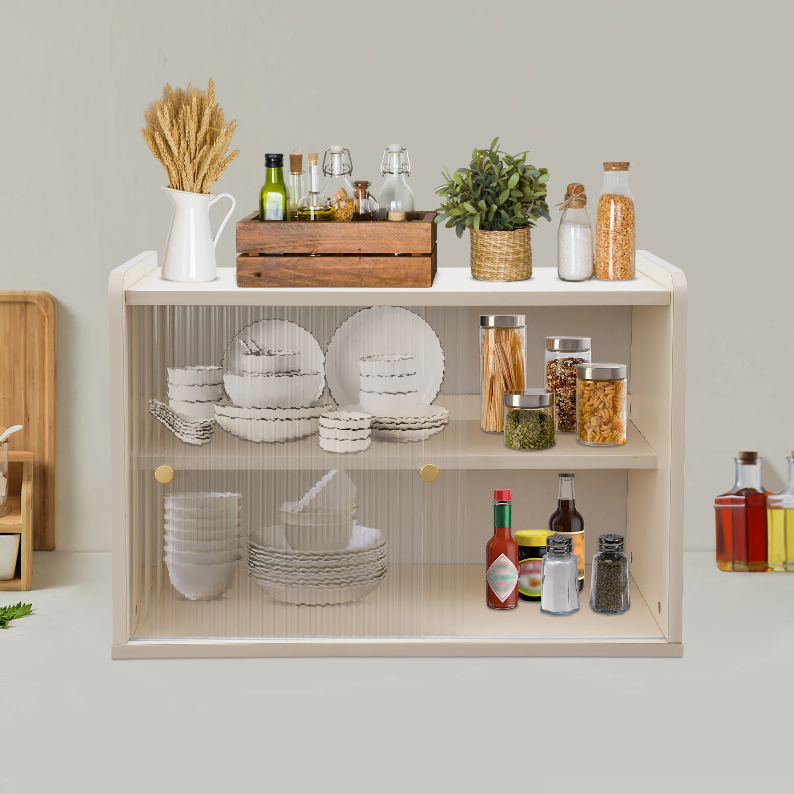 

2-tier Bread Box for Kitchen Counter, Countertop Storage Cabinet with Sliding Doors, Countertop Storage Cabinet for Dish, Bowl,