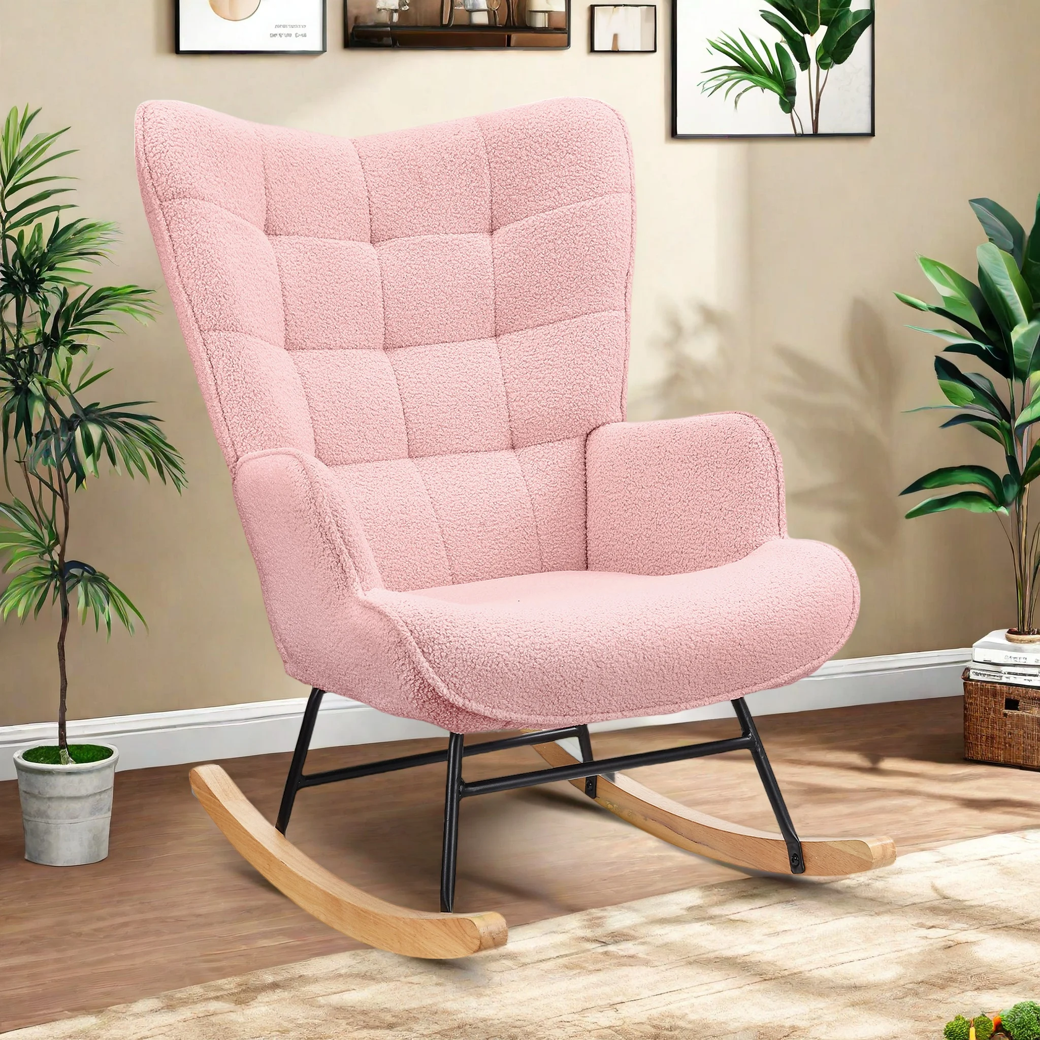 Fauteuil à bascule Superaly, fauteuil de détente avec accoudoirs et dossier à carreaux, pour salon, tissu en velours Teddy, rose
