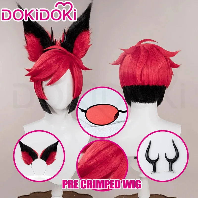 LQIN STOCK Alastor Wig Anime Cosplay DokiDoki Red Black Hair Alastor Cosplay Pre Crimped Wig Hair Ears Glasses Gloves Halloween
