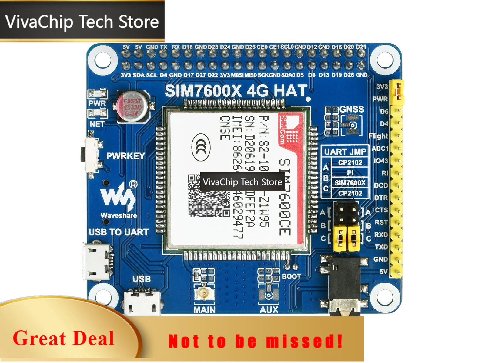 VivaChip TechWaveshare SIM7600CE-CNSE 4G HAT for Raspberry Pi 4G 3G 2G GNSS Positioning for China