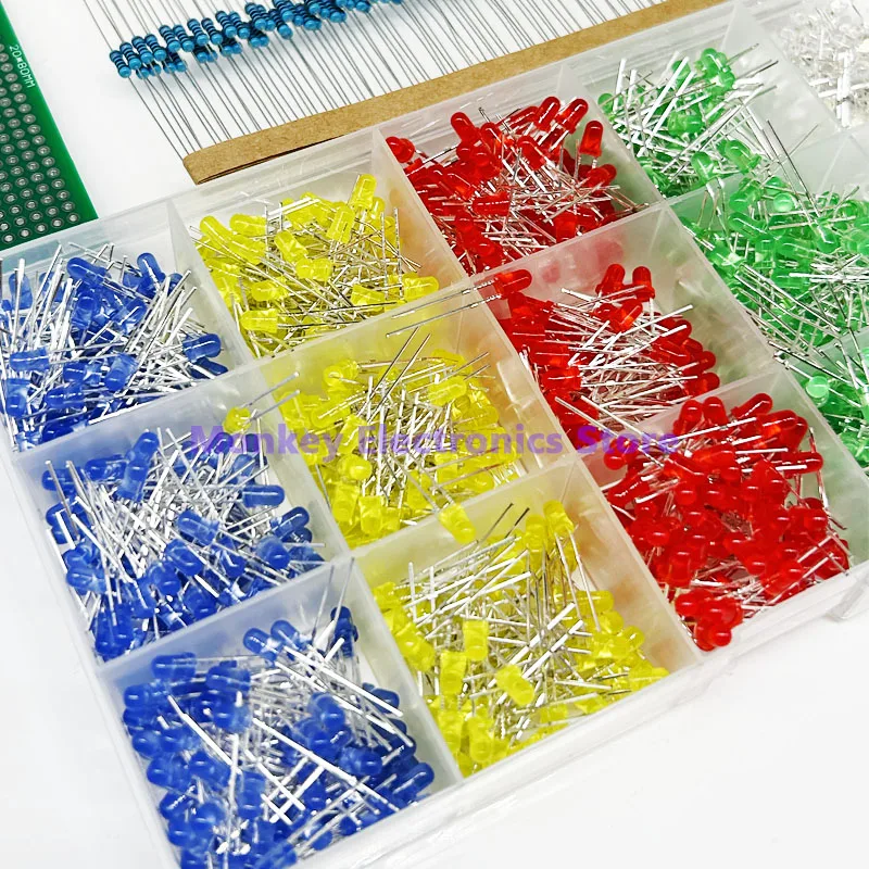 3MM LED light diode F3 component red green yellow white blue 200PCS each 0.25W 220R resistor 100PCS PCB board 2x8 1PCS in box