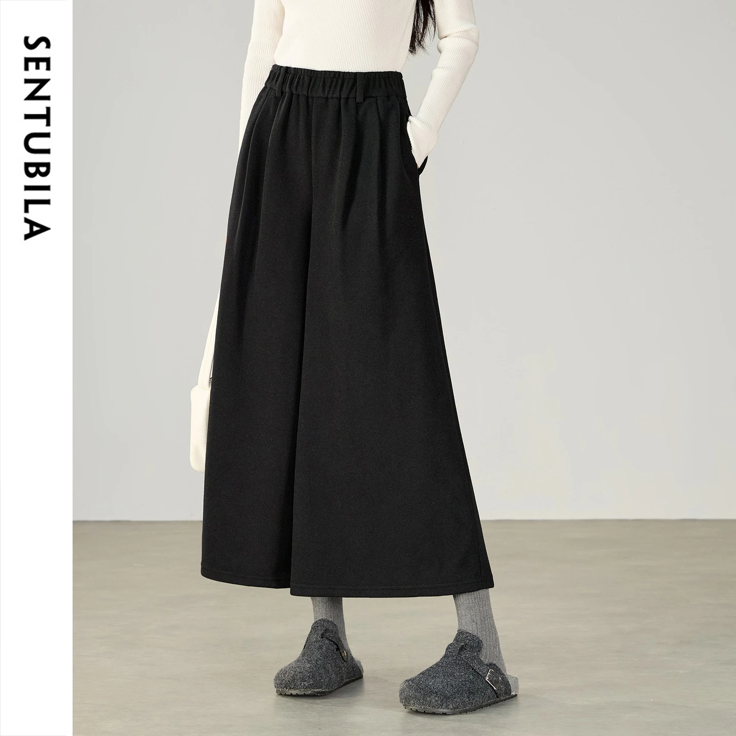 SENTUBILA Women Knit Skirt Pants 2026 Winter High Elastic Waist Wide Leg Cropped Trousers Slim Fit Commuter Clothing 164KF8752