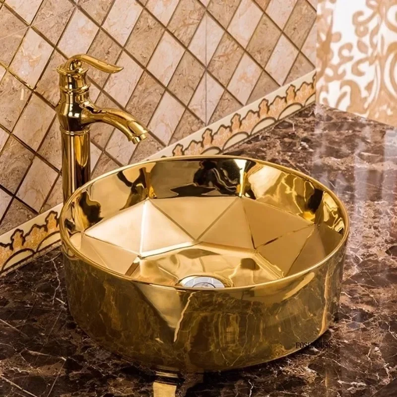 

Luxury Golden Plated Ceramic Round Bathroom Sinks Combine Set Lavatory Washbasin Sink Diamond Setting Pop Drain d