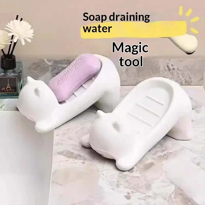 Cartoon Plastic Cat-Shaped Soap Dish Creative Bathroom Organizer Cute Animal Themed Storage Holder