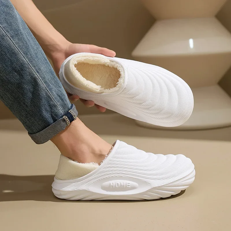 Winter Waterproof Closed Back Slippers Unisex Fur Lined Warm Plush Soft Thick Anti Slip Indoor Outdoor Couple Home Cotton Shoes