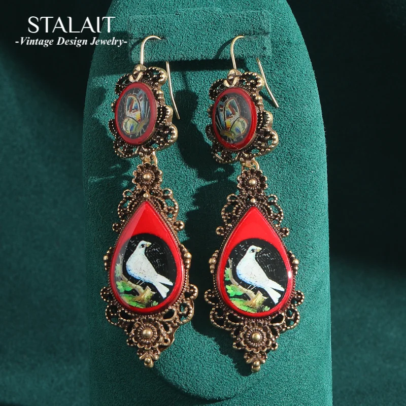 

Vintage Print Butterfly Drop Dangle Red Earrings Hook Antique Gold Color Pigeon Long Charm Woman Accessories Jewelry 2025 Trend