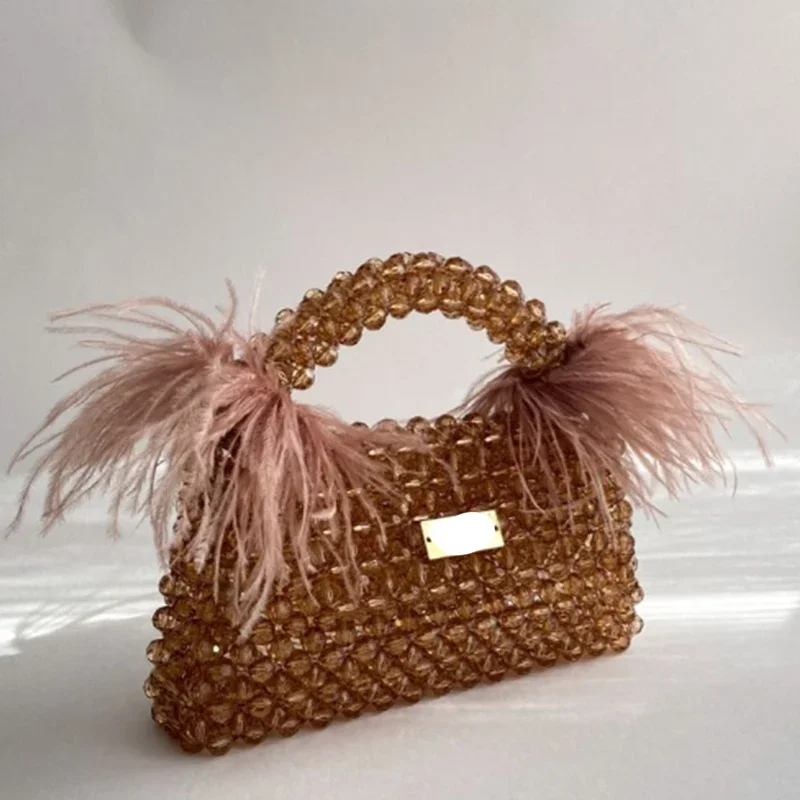 Handmade Custom Feather Decoration Beaded Women's Bag Advanced Design Party Banquet Handbag New 2024 Fashion Hot Selling Item