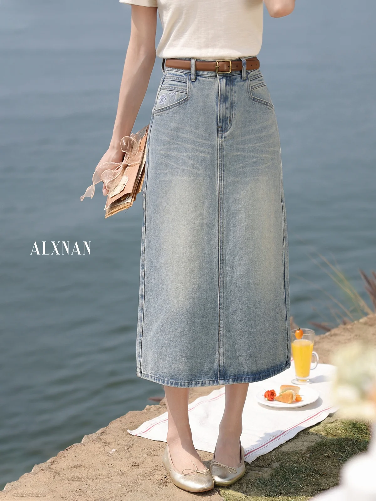 

Retro Mid-Length Denim Skirt by Lu Xiang Nán with Ba Split Casual Sle mid Waist A-Line Skirt for Women Summer Faion