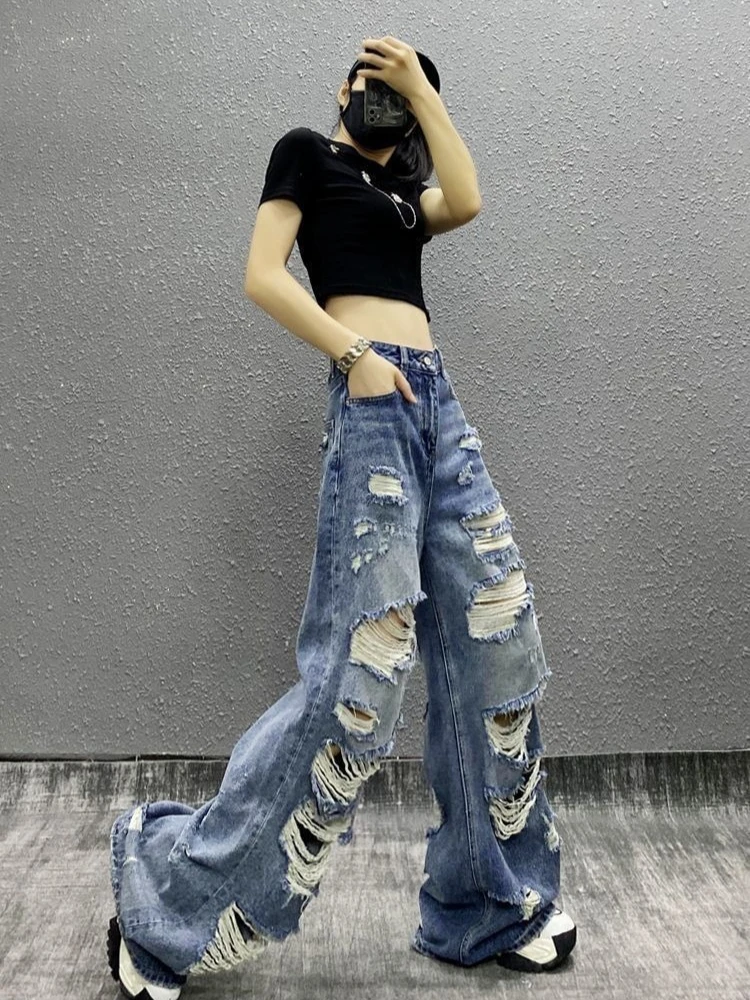 

Baggy Boyfriend Jeans for Women Oversized Denim Pants Hip Hop Street Fashion Torn Edges Loose Fit Comfort