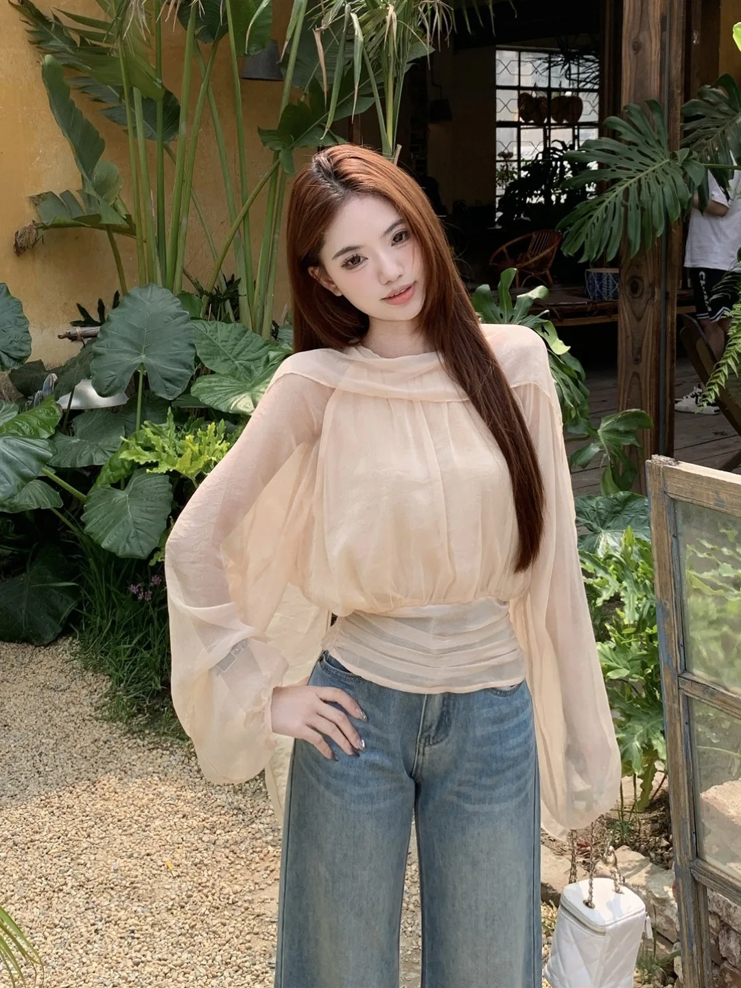 

Женская летняя тонкая кружевная блузка с рукавами-фонариками и завязками на талии, уникальный дизайн, модный дышащий топ из ацетатного волокна