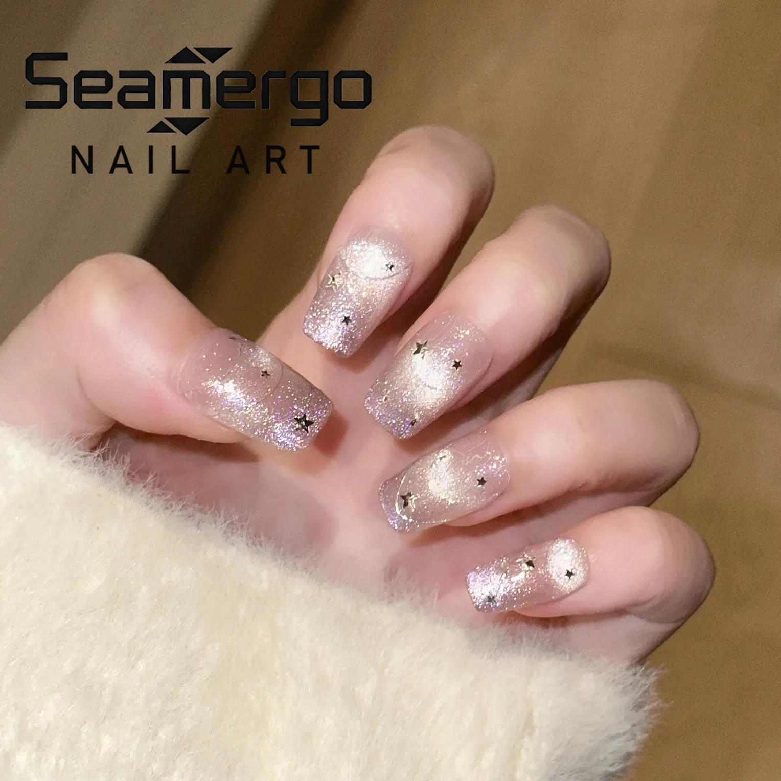 

10PCS Cat Eye French False Nail Aurora Purple Glitter Star Sweet Medium Square Handmade Press on Nails Full Cover Fake Nail Tips