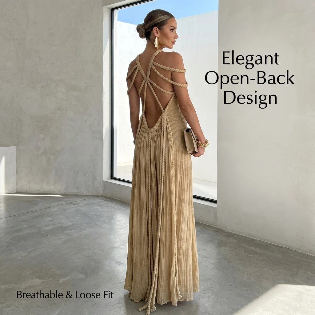 Maxi Dress for Women 2024 Summer Boho Vacation Braided Halter Neck Backless Loose Pleated Long Dress