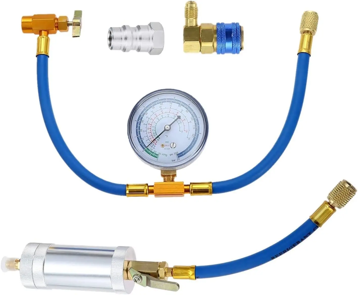

AC Oil Injector Kit R134A Refrigerant Charging Hose with Gauge Compressor Oil Dye Injector with Low Side Quick Coupler Adapter