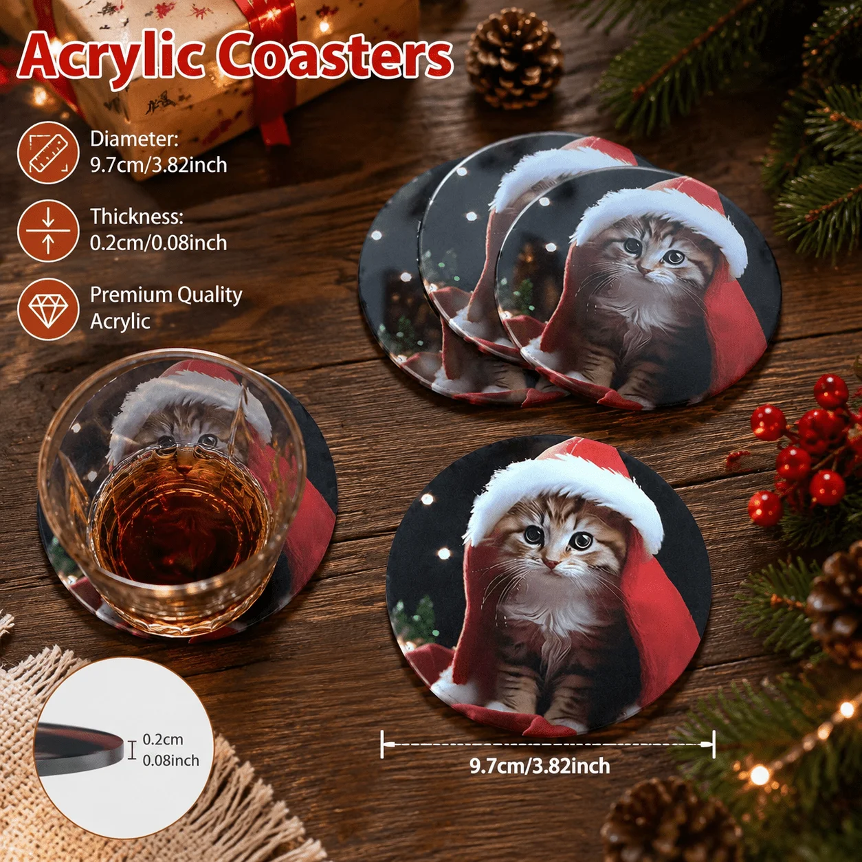 4Pcs Christmas Kitten Santa Hat Acrylic Coasters, Round Waterproof Scratch‑Resistant, Cute Cat Pattern, Kitchen Holiday Gift