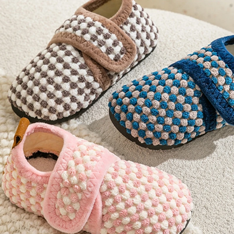 Children Boys Girls Cotton Slippers Autumn Winter Plaid Warm Kids Home Shoes Plush Floor Shoes Indoor Soft Sole Anti-slip Shoes