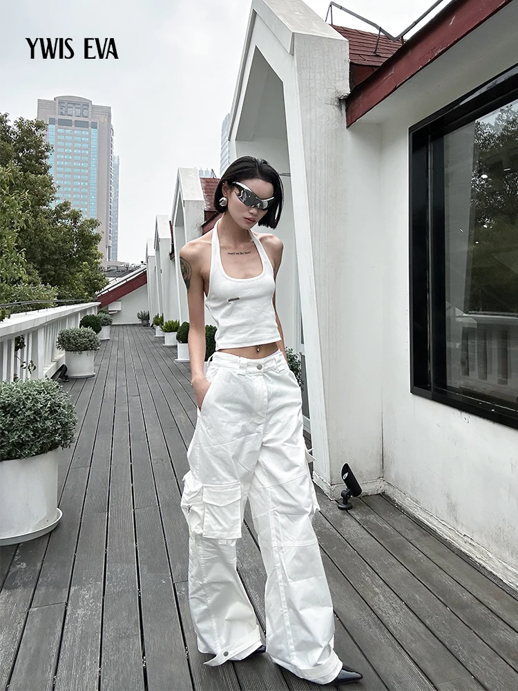 

Street Sle Workwear Pants Multiple kets Wide Leg mid Low Waist Women's White Cargo Trousers Loose Fit Casual Pants