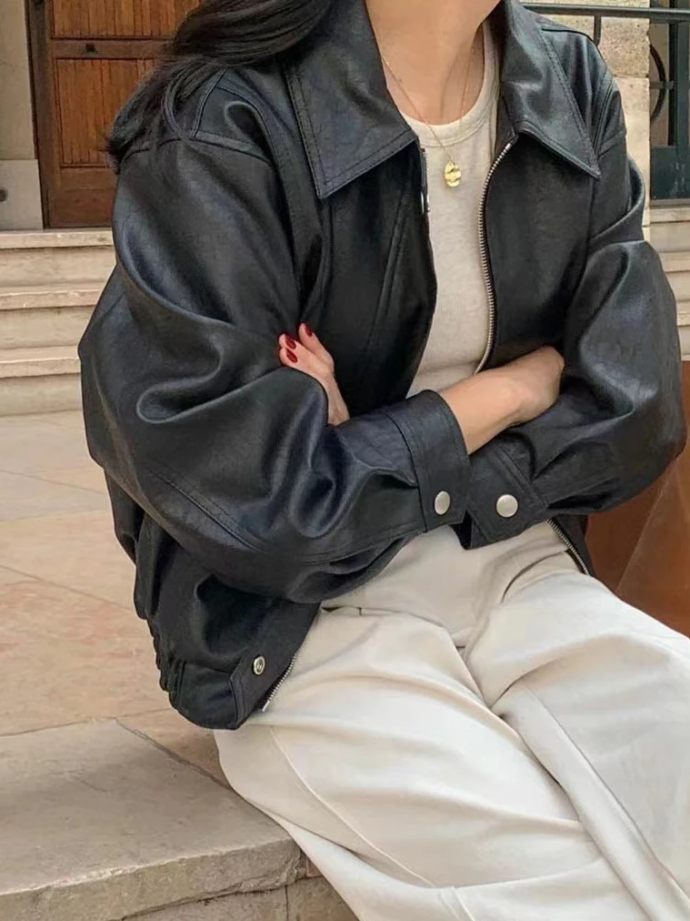 Retro Hong Kong Style Chic Long Sleeve PU Leather Jacket Women's Fashion Design Motorcycle Jacket Top Trendy Short Length