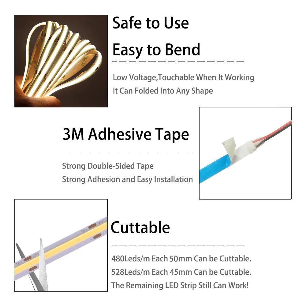 Taśma LED COB/FOB Light 384/582 leds/m elastyczne paski Led o wysokiej gęstości, 10/14W RA80 biały/naturalny biały/ciepły biały DC12 24V