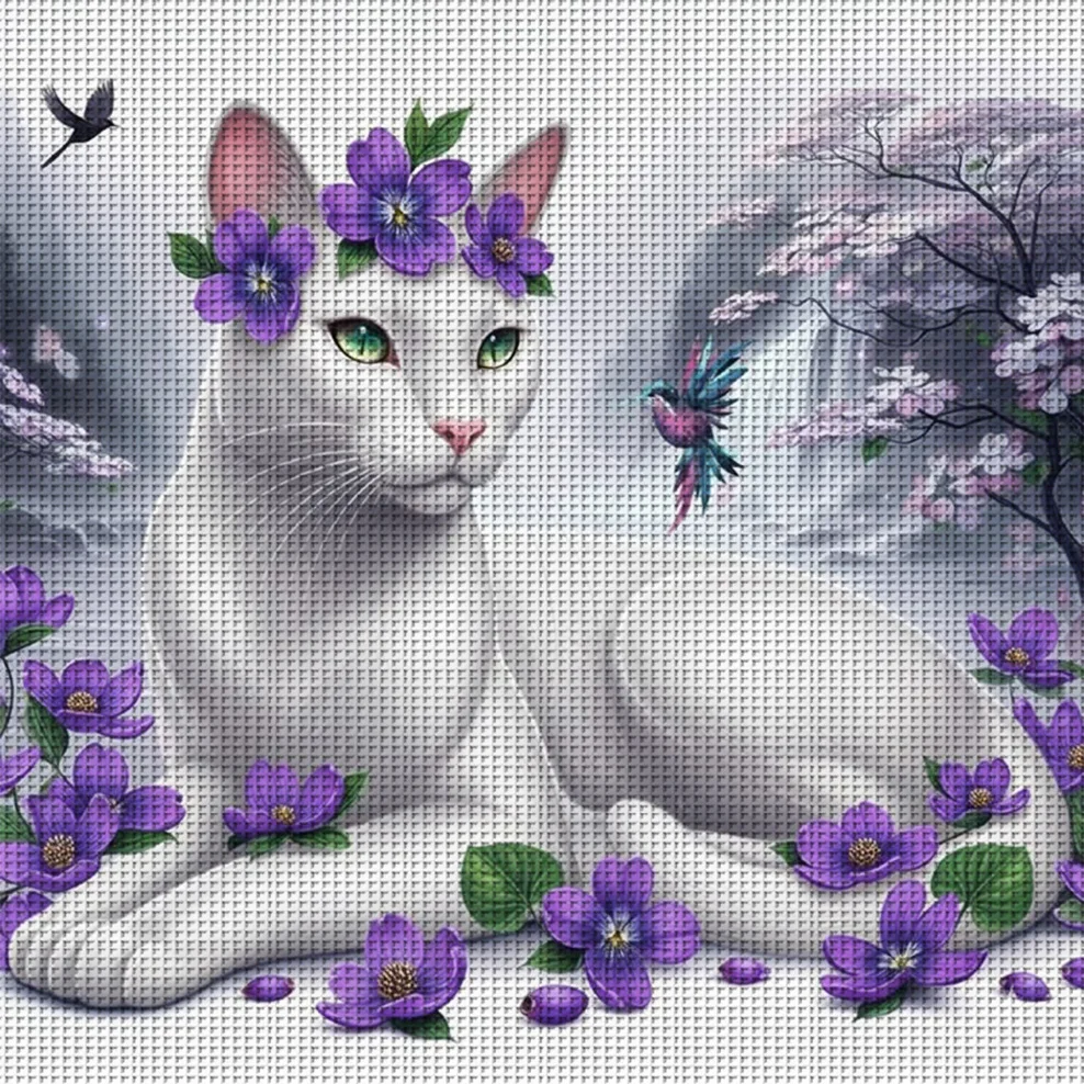 Floral Spirit Cat Kreuzstich-Set zum Selbermachen, 11CT-Stickerei, Heimwanddekoration, Geschenk, handgefertigtes Material, rahmenlos, halbfertig, 36 x 36 cm